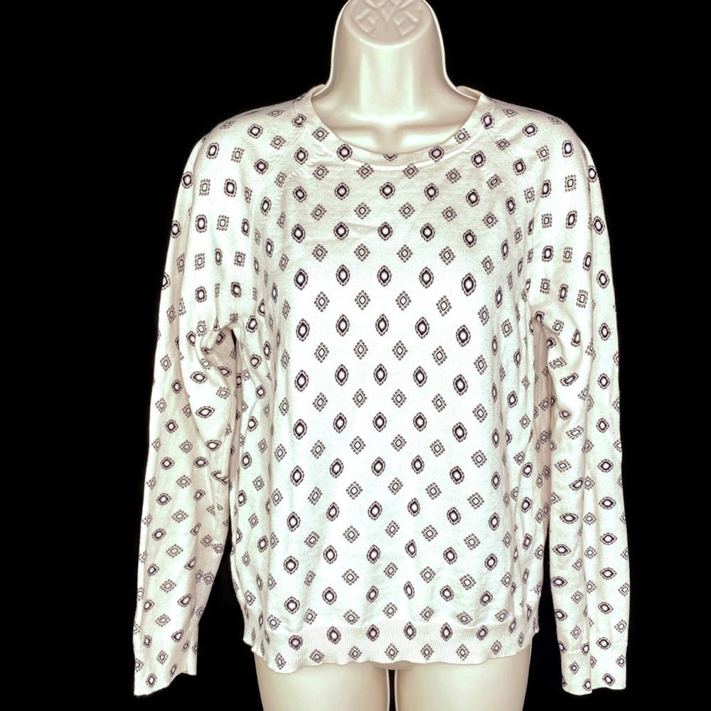Loft Cream Crew Neck Light Sweater with Ornate Black Pattern.